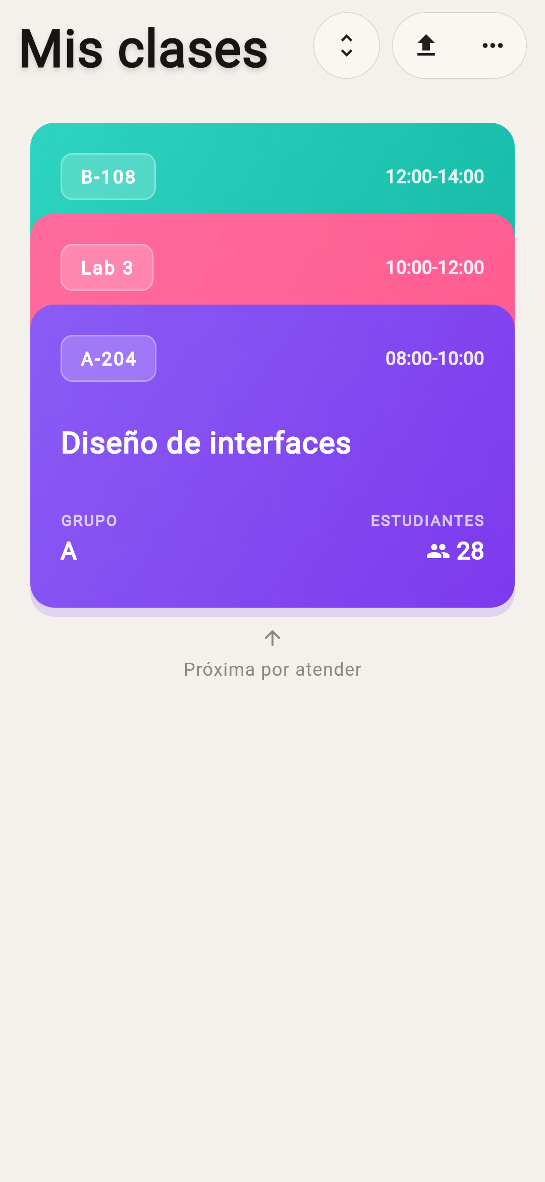 Grupos reunidos en la pantalla Mis clases de la app docente