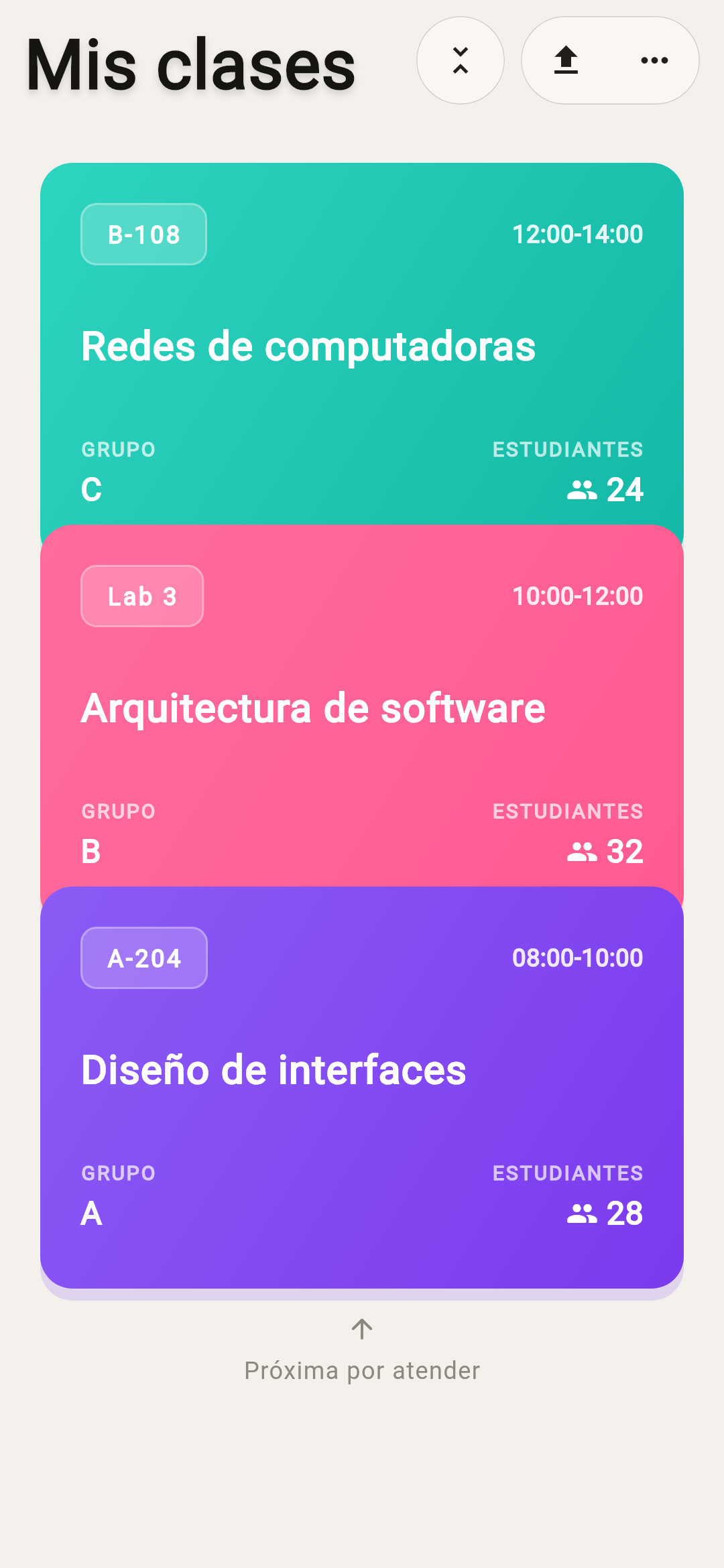 Grupos desplegados con materias y número de estudiantes en la app docente