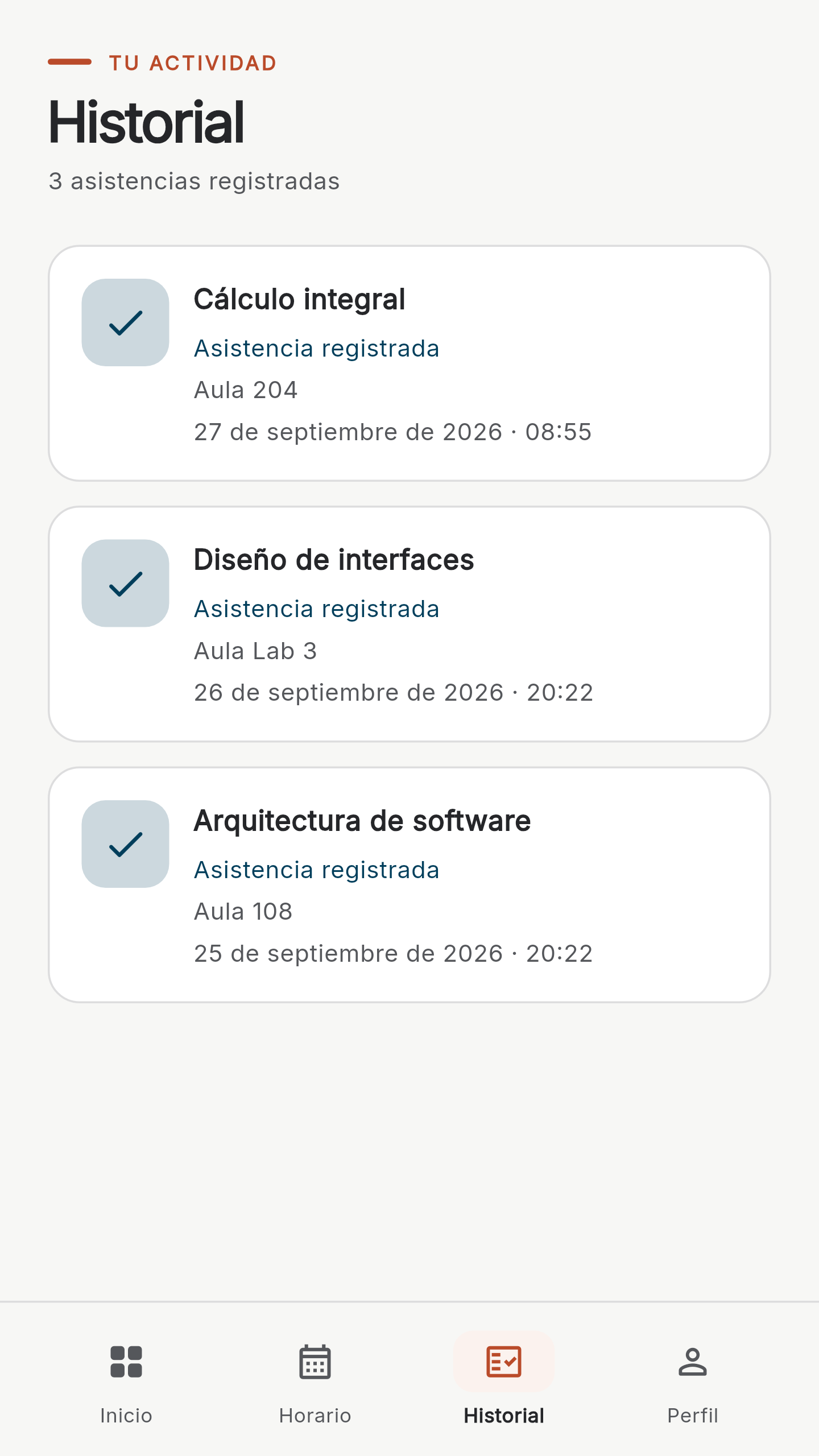 Historial de asistencias en la app de alumnos