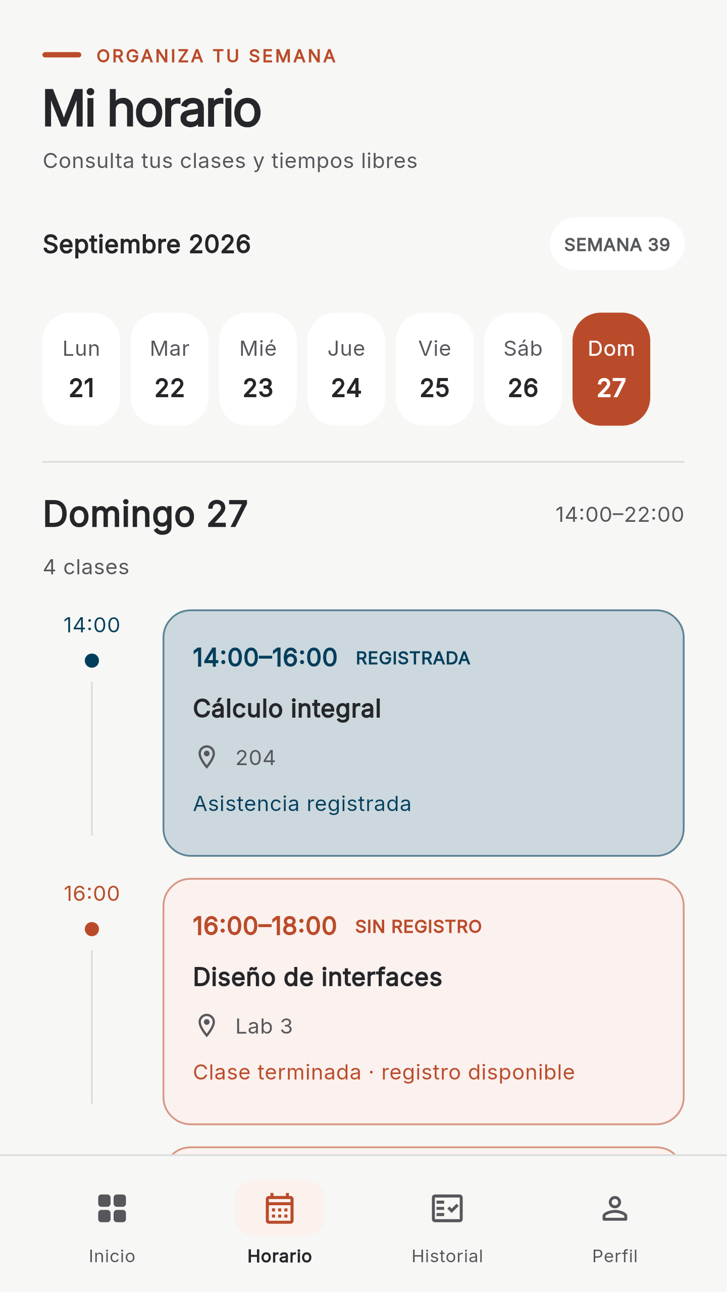 Horario semanal en la app de alumnos